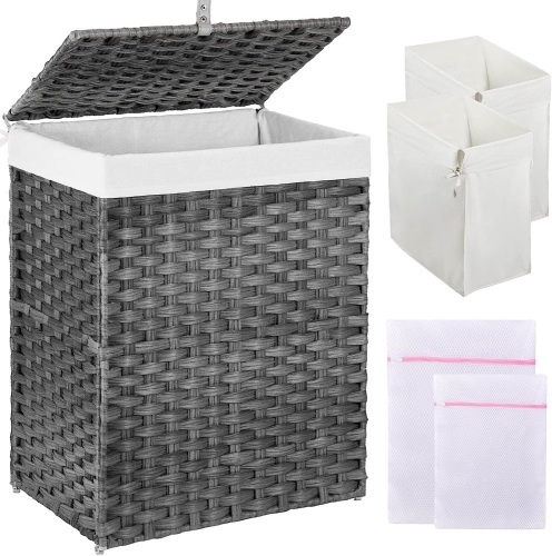 GREENSTELL Laundry Hamper with Lid, 90L Clothes Hamper with 2 Removable Liner Bags & 2 Mesh Laundry Bags, Handwoven Synthetic Rattan Laundry Basket for Clothes, Toys in Bathroom, Bedroom Grey 18.1"L x 13"W x 23.6"H - Lot 276