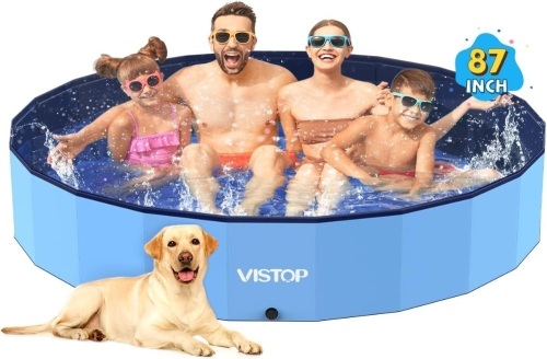 VISTOP Jumbo Foldable Dog Pool, Hard Plastic Shell Portable Swimming Pool for Dogs Cats and Kids Pet Puppy Bathing Tub Collapsible Kiddie Pool (87inch.D x 15.7inch.H, Blue) - Lot 280