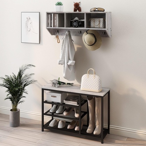 Espelism Coat Rack Shoe Bench Set Entryway Hall Tree with Bench Shoe Rack Wall Mounted Coat Rack 3 Storage Cubbies Display Shelf for Hallway Wooden and Metal Frame (Grey)11.81"D x 31.5"W x 70.87"H - Lot 281