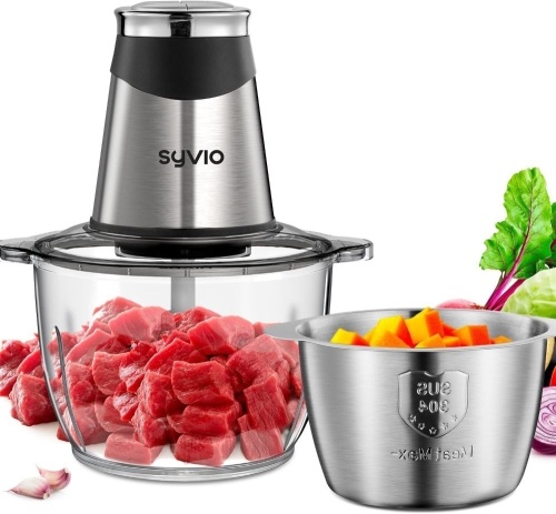 Syvio Food Processors with 2 Bowls, Meat Grinder 4 Bi-Level Blades, Mini Electric Food Chopper 400W, for Baby Food, Meat, Onion, Vegetables, 2 Speed, 8 Cup and 5 Cup 8.9"D x 8.9"W x 7.6"H - Lot 290