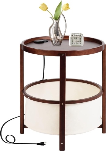Avarmora End Table with Charging Station, Side Table with Storage Bamboo Small Round End Tables Nightstand Coffee Table for Living Room, Bedroom, Balcony Indoor Outdoor 17.7"D x 17.7"W x 21.8"H - Lot 291