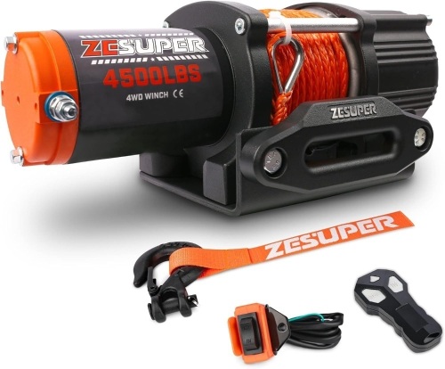ZESUPER 4500 lb Winch Waterproof IP67 Electric Winch with Wireless Remote Synthetic Winch Rope Hawse Fairlead Handheld Remote ATV UTV Winches 12V Portable Power Winch‎ 16.5 x 11 x 7 inches - Lot 335