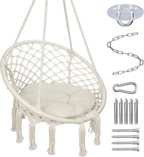 MEELOTOP Hammock Chair Macrame Swing Chair, Max 330 Lbs, Handwoven Cotton Rope Hanging Hammock Swing Chair with Large Fluffy Cushion and Hardware Kits, for Indoor, Outdoor, Patio and Garden, Beige 31"L x 31"W - Lot 370
