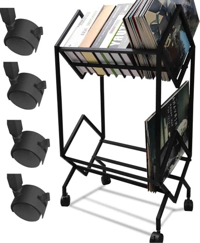 MNKXL Vinyl Record Storage Holder,Double Record Storage Layer with Trolly Wheel Design for 180-220 Vinly Record Albums Display Stand LP Storage Organizer,Lockable Wheels,Sturdy Construction 17"D x 3.7"W x 12"H - Lot 372