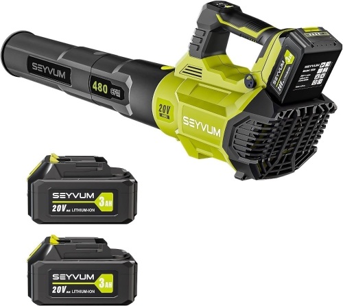 SEYVUM Leaf Blower - 480CFM 20V Leaf Blower Cordless with 2 X 3.0 Battery & Charger, 3-Speed Dial Electric Blower Handheld, Lightweight Powerful Battery Operated for Lawn Care, Jobsite - Lot 110