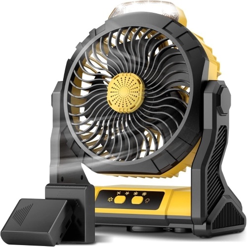 Geek Aire Battery Operated Fan, 20000mAh Detachable Battery Powered fan, Camping Fan with LED Light & Hook for Tent, Outdoor USB Portable Fan Rechargeable for Travel, Hurricane, Hiking, Jobsite, Yellow 122.4"D x 255.6"W x 3"H - Lot 111