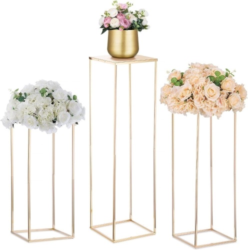 Nuptio Gold Vase for Wedding Centrepieces with Metal Panel - 3 Pcs Tall Geometric Flower Vases Floor Column Display Stand for Birthday Party Table Reception Centerpieces Decoration(23.6/31.5/39.4in) - Lot 116