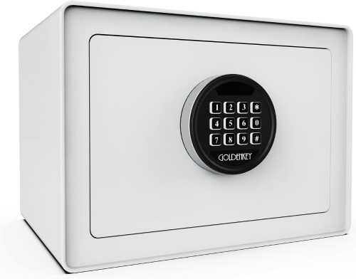 GOLDENKEY Digital Security Safe and Lock Box,Small Safe box for Money, Keypad Lock,Perfect for Home Office Hotel Business Jewelry Gun Use Storage,0.5 Cubic Feet,White9. 84"D x 13.78"W x 9.84"H - Lot 122