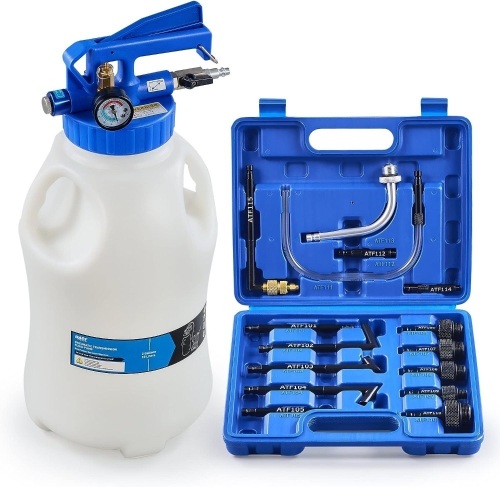 Orion Motor Tech Transmission Fluid Pump Extractor and Dispenser Kit, 10L Pneumatic Transmission Fluid Transfer Pump 2 Way Fluid Evacuator and Filler Oil Change Kit 15 ATF Refill Adapters 3 Hoses - Lot 223