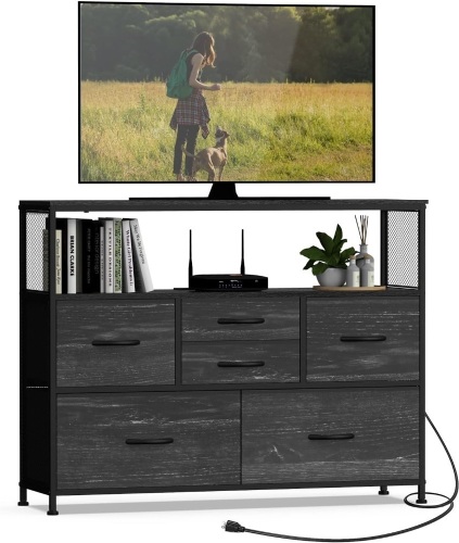 Simoretus TV Stand with Power Outlet and Fabric Drawers Entertainment Center for TV up to 45 inch Industrial Open Storage Shelf Media Console Dresser for Living Room Bedroom Charcoal Black 11.41"D x 39"W x 30.4"H - Lot 233