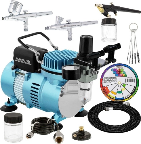 Master Airbrush Cool Runner II Dual Fan Air Compressor Professional Airbrushing System Kit with 3 Airbrushes, Gravity and Siphon Feed - Holder, Color Mixing Wheel, Cleaning Brush Set,  - Lot 234