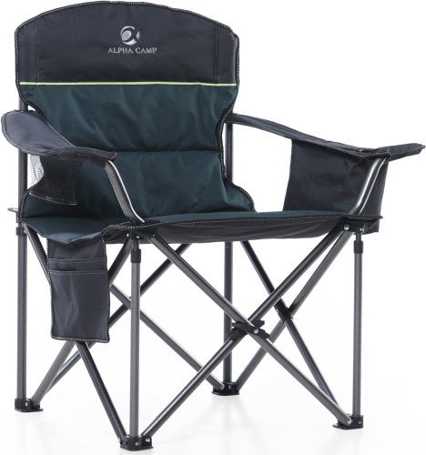 ALPHA CAMP Oversized Heavy Duty Lawn Chair with Cooler Bag Support 450 LBS Steel Frame Camping Folding Collapsible Padded Quad Lumbar Back Arm Chair for Outdoor, Portable, Green 24.8D x 38.17W x 39.37H in - Lot 235