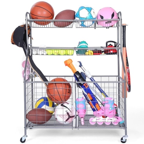 Kinghouse Garage Sports Equipment Organizer, Sports Equipment Storage for Garage with Baskets and Hooks, Rolling Basketball Racks for Balls with Wheels, Outdoor Toy Storage, Grey, Powder Coated Steel 35.6" L x 16.4" W x 46.8" H - Lot 319
