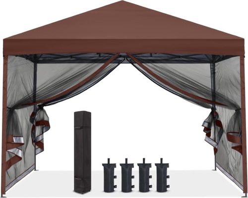 OUTDOOR WIND Pop Up Easy Setup 10x10FT Outdoor Canopy Tent with Netting Walls,4 Weight Bags,Wheeled Bag(10x10 Brown) - Lot 320