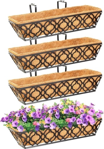 Y&M 4pcs 24 Inch Window Deck with Coconut Coir Liner, 24" Railing Planter Horse Trough Coco Basket Boxes Metal Hanging Flower Balcony for Outdoor Garden Fence Lawn - Lot 357