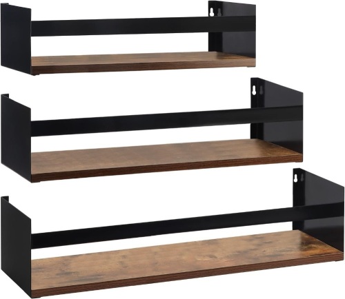 Giftgarden Black Iron Wood Floating Shelves for Wall Plus Sizes 24”, 20”, 16”, Chunky Rustic Wall Shelf Storage Organizer with Bar Bracket for Bathroom Kitchen Bedroom Book Living Room, 3 Pack - Lot 359
