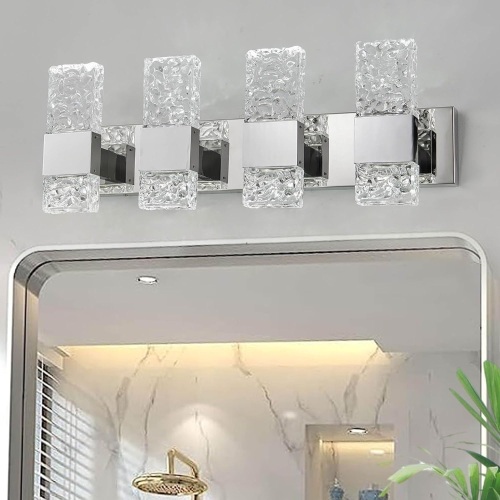 OYLYW Modern LED Bathroom Vanity Light Fixtures Chrome Stainless Steel 4 Light Wall Sconces for Bathroom Lighting Fuxture Over Mirror 28 Inch 40w LED Crystal Wall Light Cool White 5800K - Lot 360