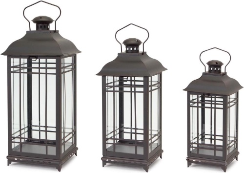 Melrose Rustic Decorative Hanging Metal and Glass Outdoor Porch Deck Patio Home Room Décor Lantern Candle Holder Lights, Bronze (Set of 3) 6.25"L x 6.25"W x 14"H - Lot 364