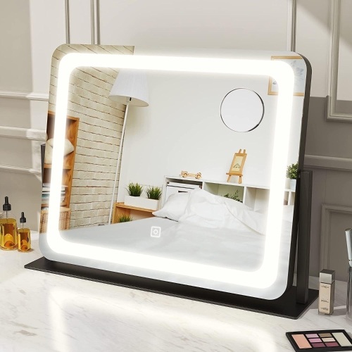 Vierose Large Vanity Mirror with Lights - 22"X18" LED Makeup Mirror, Light up Mirror for Desk, Bedroom Tabletop, Smart Touch Control Dimmable & 3 Color Modes, 360° Rotation, Gift for Women (White) - Lot 424