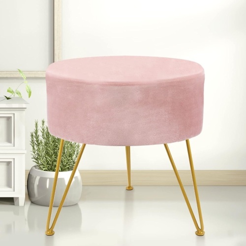 Velvet Round Ottoman with Golden Metal Legs, Upholstered Round Footrest Stool Footrest Ottoman Vanity Makeup Stool Modern Furniture for Living Room Bedroom, Pink 34.5D x 39W x 40H  - Lot 477