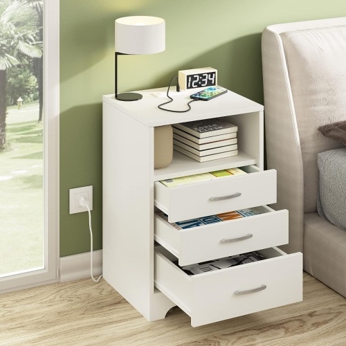 White Nightstand with Charging Station, Modern End Side Table with 3 Drawers, Wooden Cabinet Stand by Sofa, Bedside Tables for Bedroom with USB Ports Outlet & Open Storage 13.78"D x 15.75"W x 23.62"H - Lot 3A