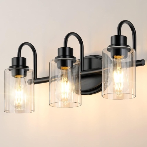 haultop Bathroom Vanity Light, 3 Light Vanity Lights for Bathroom, Matte Black Bathroom Light Fixtures with Clear Glass, Bathroom Light Fixtures Over Mirror, Modern Bathroom Vanity Light Fixtures - Lot 479