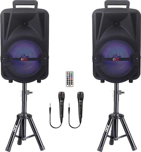 QFX Rechargeable Portable Bluetooth Stereo PA System with 8 Inch Woofer Speakers, 1 Inch Tweeter, and Accessories for Parties and Karaoke, Black 9.06 x 5.12 x 26.18 inches - Lot 486