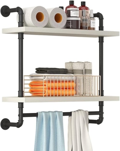Helsin 24inch Industrial Pipe Shelving Bathroom Shelves Wall Mounted with Towel bar, 2 Tier Rustic Wood Floating Shelf, Metal Towel Rack Wall Shelf for Home & Bathroom (White, 24inch) - Lot 152