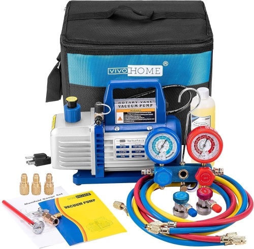 VIVOHOME 110V 1/4 HP 3.5CFM Single Stage Rotary Vane Air Vacuum Pump and AC Manifold Gauge Set Kit with Thermometer for R134a R12 R22 R502 R410a HVAC Air Conditioning Refrigeration Recharging - Lot 160