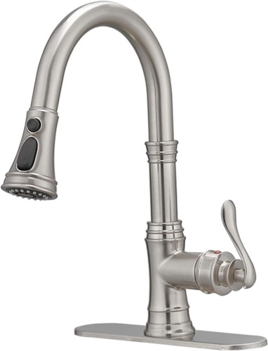 BWE Kitchen Faucet with Pull Out Sprayer 3 Spray Modes Brushed Nickel Single Handle Singe Lever High Arc Kitchen Sink Faucet with Deck Plate Lead-Free Commercial Bar Farmhouse Pull Down Sprayer - Lot 170