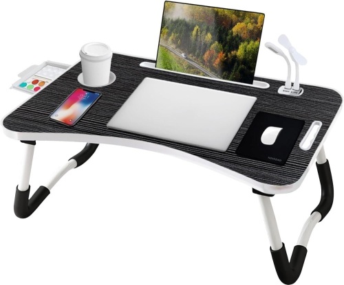 Laptop Desk Foldable Bed Desk Lap Desk Folding Breakfast Tray with USB Charge Port Storage Drawer and Cup Holder Portable Laptop Notebook Stand Reading Holder for Bed Couch Sofa Floor 23.6"D x 15.8"W x 11"H - Lot 178