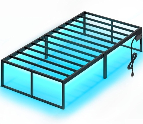 Rolanstar Bed Frame with USB Charging Station, Twin Bed Frame with LED Lights, Platform Bed Frame with Heavy Duty Steel Slats, 14" Storage Space Beneath Bed 75"L x 39"W x 14"H - Lot 255