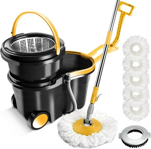 MASTERTOP Spin Mop Bucket with Wringer Set, Floor Mop with 2 Wheels, Stainless Steel Adjustable Handle, 5 Microfiber Washable Mop Refills, 1 Floor Brush, Laminate, Hardwood, Tiles - Lot 260