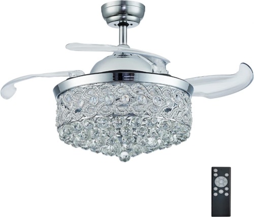 DuMaiWay 42" Chandelier Ceiling Fan, Modern Crystal Fandelier Retractable Invisible Blade LED Lighting with Remote Control for Bedroom Dining Room Living Room 3 Light Change Silver - Lot 262