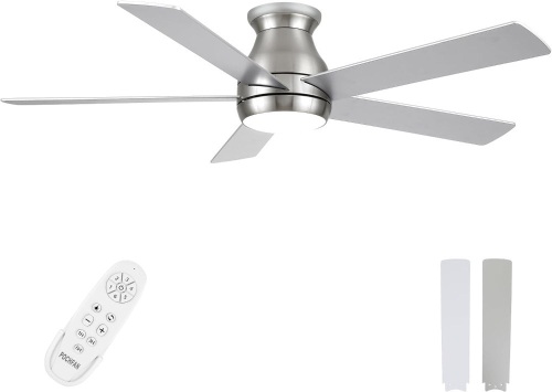 POCHFAN 52 Inch Low Profile Ceiling Fans With Lights and Remote, Flush Mount Ceiling Fan, LED Dimmable DC Reversible Modern Ceiling Fan for Bedroom, Living Room, Dining Room etc, Brushed Nickel - Lot 264