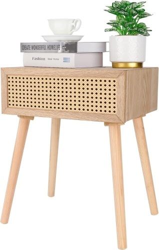 Rattan Nightstand with Drawer, Bedside Table, End Table with Storage, Modern Boho Nightstands, Mid-Century Coffee Table, Small Side Tables for Living Room Bedroom Office Balcony (Natural Walnut) 12"D x 16"W x 20"H - Lot 269