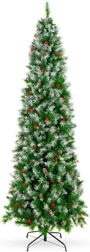 Best Choice Products 7.5ft Pre-Decorated Pine Hinged Artificial Slim Christmas Pencil Tree w/ 1,075 Flocked Frosted Tips, 46 Pine Cones, 50 Berries, Metal Base - Lot 328