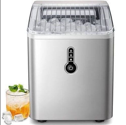 ZAFRO Ice Maker Countertop, Portable Ice Maker with Self-Cleaning, 26Lbs/24Hrs, 9 Cubes Ready in 8 Mins, One-Click Operation, Compact Ice Maker with Ice Scoop/Basket for Home/Kitchen/Office, Silver - Lot 435