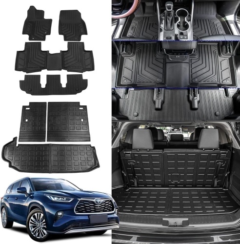Rongtaod Fit 2020-2023 Toyota Highlander Floor Mats Trunk Mat Cargo Mat Cargo Liner All Weather Back Seat Cover Protector 2022 Highlander Accessories (Trunk Mat + Backrest Mats + Floor Mats) 29.85"L x 22.13"W x 5.63"Th - Lot 539
