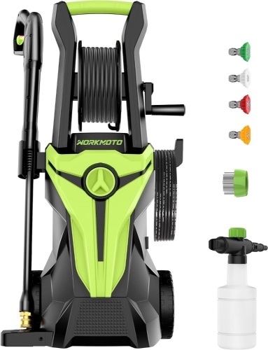Workmoto Electric Pressure Washer with Hose Reel, Power Washer with Foam Cannon, 4 Quick Connect Nozzles, 3800 PSI 2.4 GPM 16.14"L x 14.57"W x 23.03"H - Lot 540