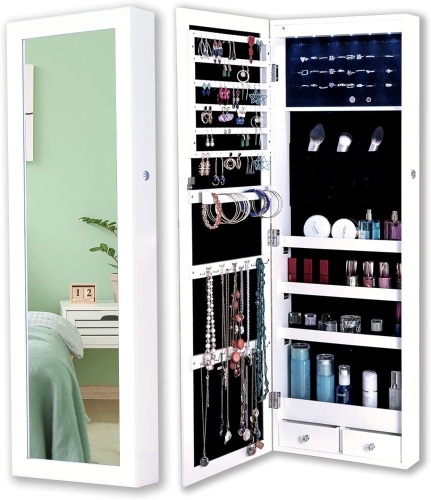 Ntufrest Mirror Jewelry Organizer, Upgraded 6 LED Lights Wall/Door Mounted Jewelry Armoire Cabinet, Full Length Mirror with Storage, Lockable Makeup Organizer and Storage,White 43.3"D x 14.21"W x 3.86"H - Lot 510