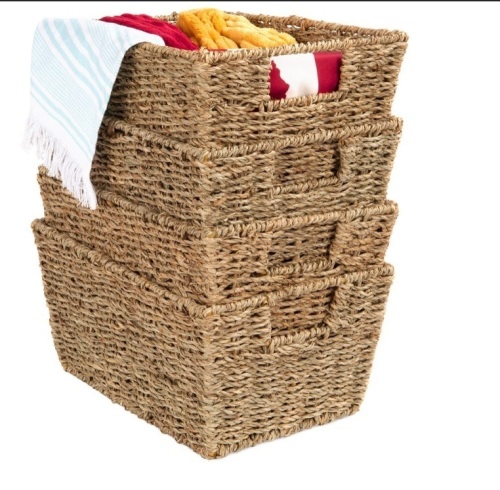 Set of 4 Seagrass Storage Tote Baskets, Laundry Organizer w/ Insert Handles $79.99 - Lot 469