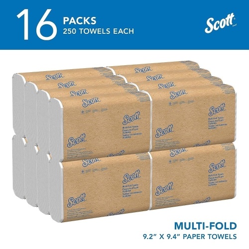 Scott® Multifold Paper Towels (01840), with Absorbency Pockets™, 9.2" x 9.4" sheets, White, Compact Case for Easy Storage, (250 Sheets/Pack, 16 Packs/Case, 4,000 Sheets/Case - Lot 3328