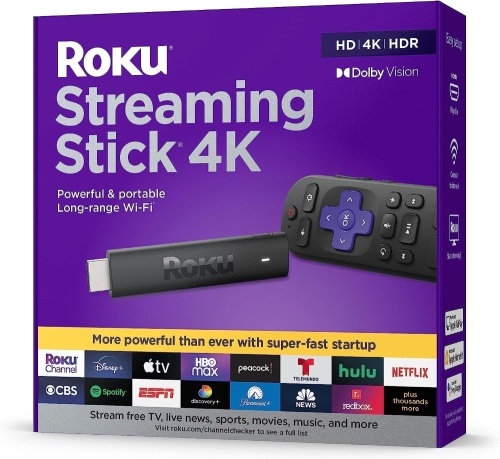 Roku Streaming Stick 4K | Portable Roku Streaming Device 4K/HDR/Dolby Vision, Roku Voice Remote, Free & Live TV - Lot 3343