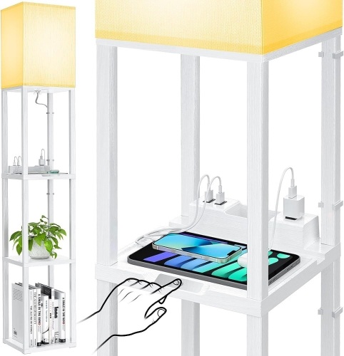 Maxsure Floor Lamp with Shelves - Touch Control LED Floor Lamps for Living Room, Modern Standing Lamp with 2 USB Ports & 1 Power Outlet, 3-Tiered Shelf Corner Lamp, Wood Decor Light for Bedroom, White - Lot 3353