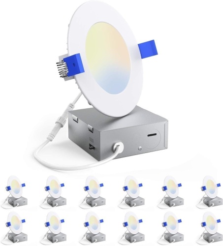 Amico 12 Pack 4 Inch 5CCT Ultra-Thin LED White Recessed Ceiling Light with Junction Box, 2700K-5000K Selectable, 10W Eqv 70W, Dimmable Can-Killer Downlight, 700LM High Brightness - Lot 3511