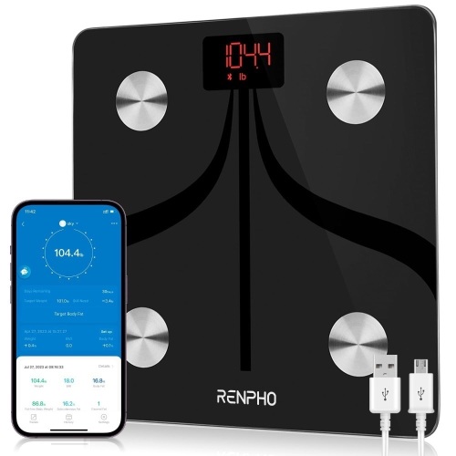 RENPHO Elis 1 Body Fat Scale Weight Bathroom Smart Digital Bluetooth Scale with Smartphone App, Body Composition Monitor for Body Fat, BMI, Bone Mass, Weight, Black(11 inch) - Lot 3546