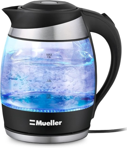 Mueller Austria Ultra Kettle: Model No. M99S 1500W Electric Kettle with SpeedBoil Tech, 1.8 Liter Cordless with LED Light, Borosilicate Glass, Auto Shut-Off and Boil-Dry Protection, Clear - Lot 3489