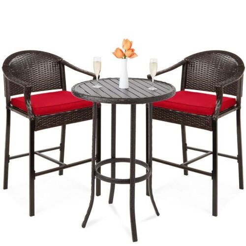 3-Piece Outdoor Bistro Wicker Table Bar Set w/ Bar Stools, Footrests  - Lot 94