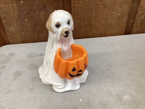 Halloween Ghost Dog Statue with Pumpkin Candy Holder  - Lot 747